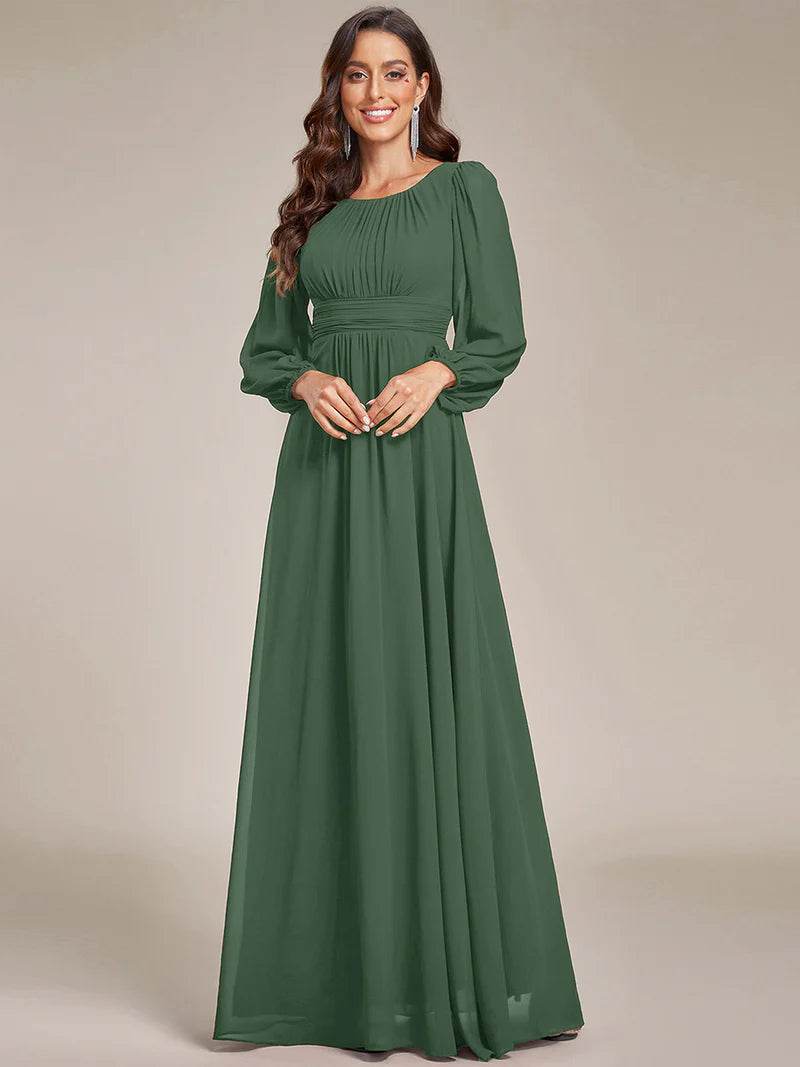 Round Neck Bridesmaid Dress with Long Lantern Sleeves – Maxi Gown - Biamonde